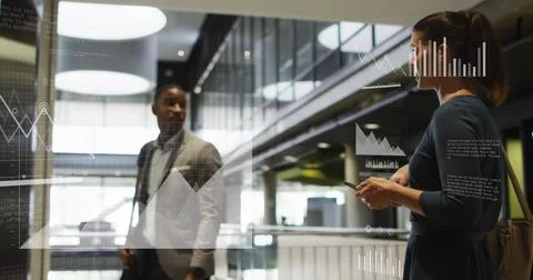 Image of icons, computer language, graphs and map, diverse coworkers waiting for Stock Photos