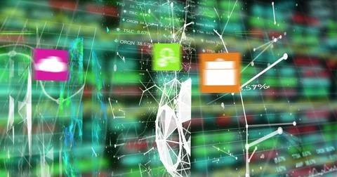 Image of icons, connected dots forming geometric shapes and globe over trad.. Stock Illustration