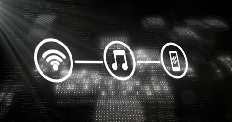 Image of icons connected with lines over binary codes and illuminated dots Stockillustratie