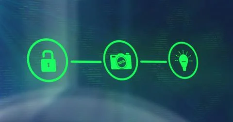Image of icons connected with lines over multiple infographic interfaces in Stock Photos