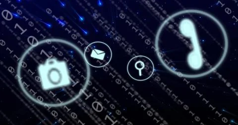 Image of icons with connections and binary coding over dark background 스톡 사진