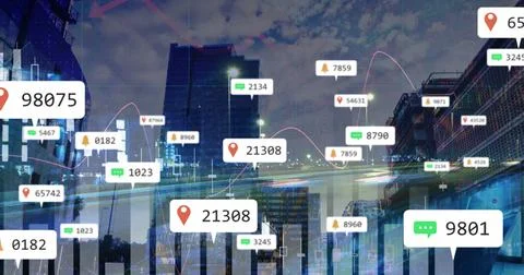 Image of icons with counter, multiple graphs, time-lapse of vehicles moving on Stock Illustration