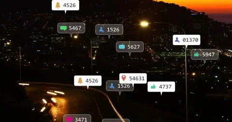 Image of icons with counters over time-lapse of vehicles moving on street in Ilustración de archivo