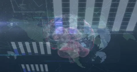 Image of icons, data and rotating brain over world map Stock Illustration