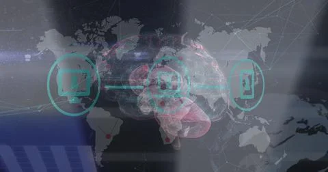 Image of icons, data and rotating brain over world map 스톡 일러스트