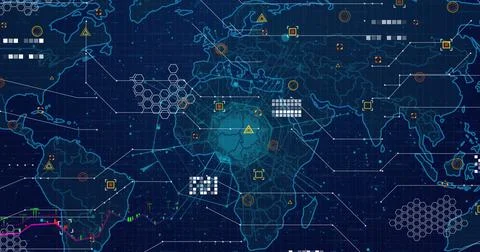 Image of icons, data and world map on navy background 스톡 일러스트