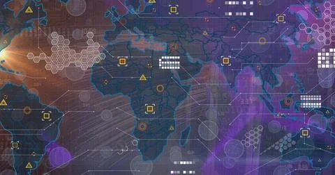 Image of icons, data and world map on violet background Stock Illustration