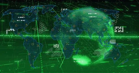 Image of icons, data, globe and world map on green background Illustrazione stock
