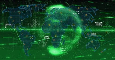 Image of icons, data, globe and world map on green background 스톡 일러스트