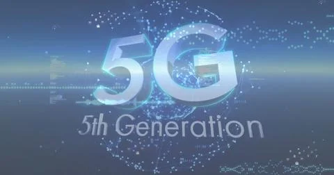 Image of icons, data processing and 5g over globe and blue background Stockillustratie