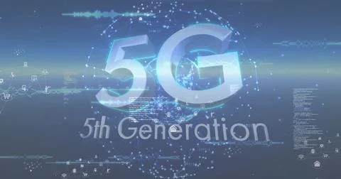 Image of icons, data processing and 5g over globe and blue background Stockillustratie