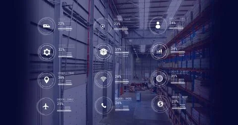 Image of icons with data processing over warehouse Stock-Fotos