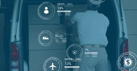 Image of icons with data processing over caucasian delivery man packing boxes 스톡 사진