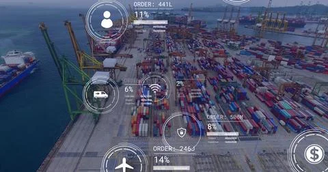 Image of icons with data processing over shipyard Stock-Fotos