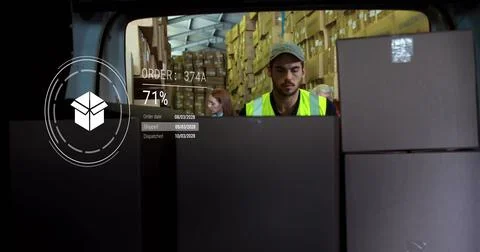 Image of icons with data processing over caucasian delivery man in warehouse Foto stock