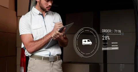 Image of icons with data processing over caucasian delivery man taking notes Foto stock