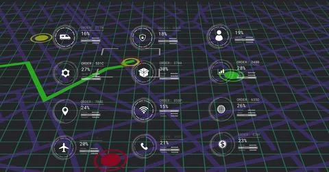 Image of icons with data processing over city map Stock Photos