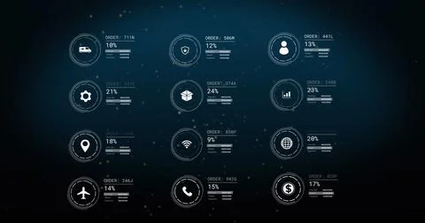 Image of icons with data processing over light spots on black background Stock Photos