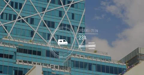 Image of icons with data processing over modern office building Fotos de archivo