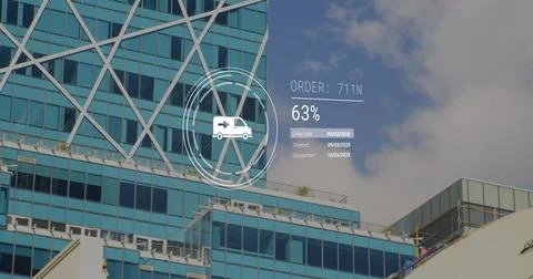 Image of icons with data processing over modern office building Fotos de archivo