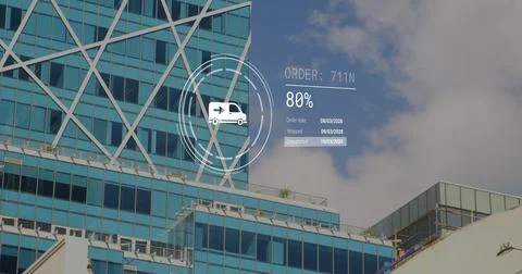 Image of icons with data processing over modern office building Fotos de archivo