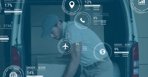 Image of icons with data processing over caucasian delivery man packing boxes 库存照片