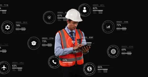 Image of icons with data processing over caucasian male worker using tablet 库存照片