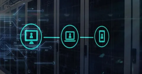 Image of icons with digital data processing over computer servers Stock Photos