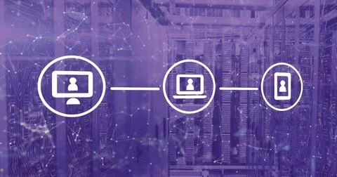Image of icons, digital data processing over computer servers 스톡 사진