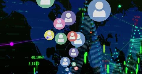 Image of icons, financial data processing and networks of connections over black 库存插图