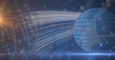 Image of icons floating over globe and binary code Stock Illustration