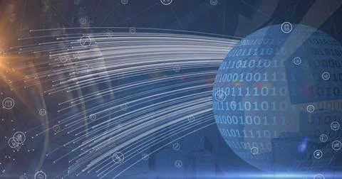 Image of icons floating over globe and binary code Stock Illustration