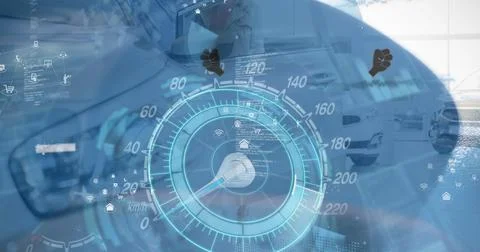 Image of icons floating over speedometer and car Ilustração Stock