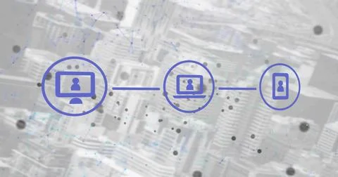 Image of icons in flow chart, connected dots forming geometric shapes over Stock Photos