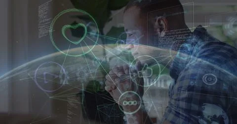 Image of icons, globe and programming language over thoughtful african american Stock Photos