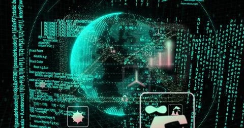 Image of icons globe rotating over binary codes and programming language Foto stock