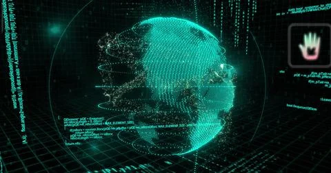 Image of icons globe rotating over binary codes and programming language Stock Photos