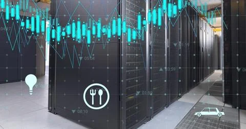 Image of icons with graphs and changing numbers over data server racks in server Stock Photos