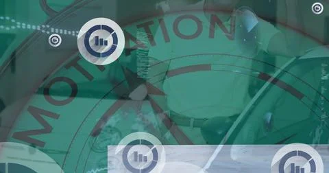 Image of icons with graphs, barometer with motivation over caucasian man and car Stock Illustration