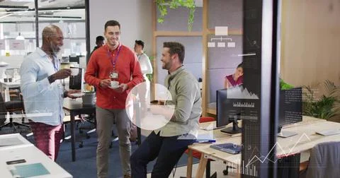 Image of icons, graphs, map and computer language over diverse coworkers talking Stock Photos