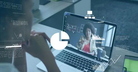 Image of icons, graphs, map and computer language, diverse coworkers sharing Foto stock