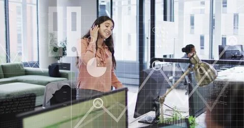 Image of icons, graphs, map, computer language, caucasian female talking on Stock Photos