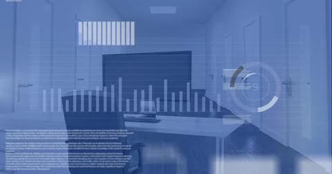 Image of icons, graphs, trading board, loading circles, chair, desktop in office Ilustración de archivo