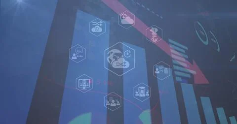 Image of icons in hexagons over bar graph, loading circles and red arrow Stock Photos