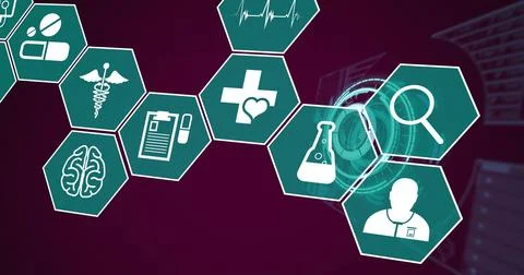 Image of icons with medical data processing over dark background 库存照片