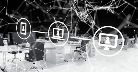 Image of icons with network of connections, empty office and data processing イラスト素材