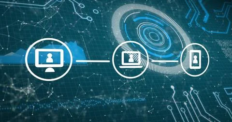 Image of icons with network of connections, scope scanning and data processing Stock Illustration