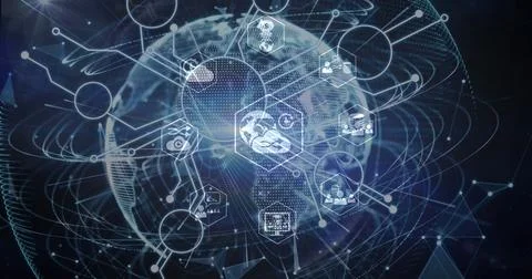 Image of icons over computer circuit board and globe on black background Stock Photos