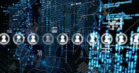 Image of icons over data processing and world map on black background Ilustração Stock