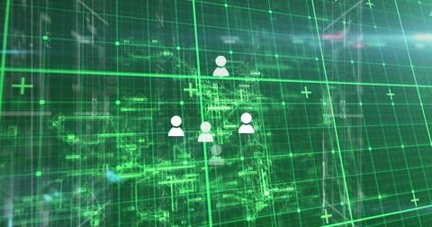 Image of icons over data processing on green background Illustrazione stock